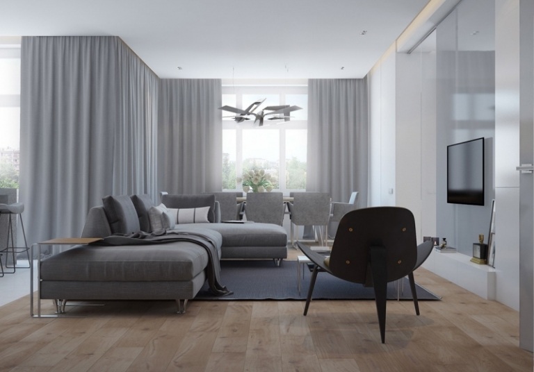 Raumgestaltung Ideen -grau-vorhaenge-holzboden-tvkonole-wohnzimmer-