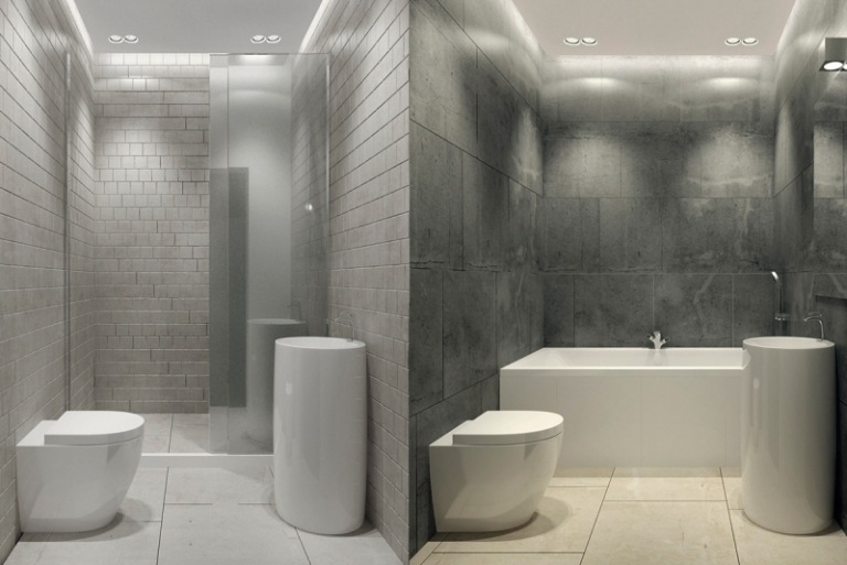 raumgestaltung-ideen-grau-weiss-badezimmer-minimalistisch-waschkonsole-badewanee-dusche