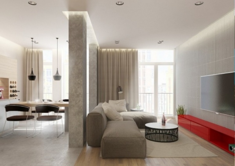 raumgestaltung-ideen-grau-weiss-wohnzimmer-sofa-modul-tvkonsole-rot-akzent