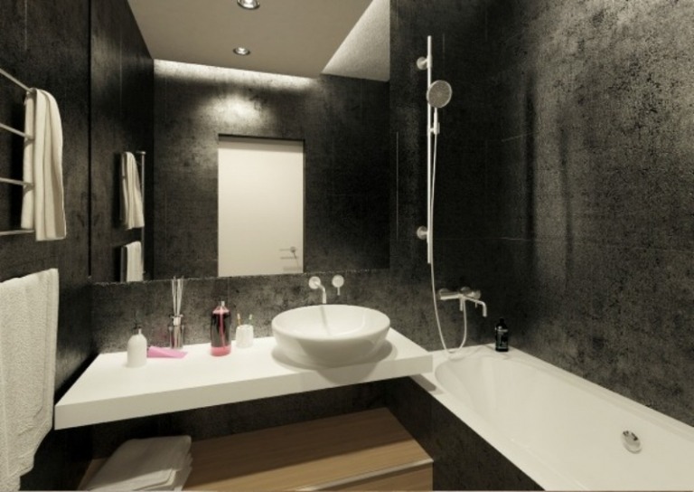 raumgestaltung-ideen-schwarz-weiss-badezimmer-badewanne-waschtisch-waschunterschrank-holz