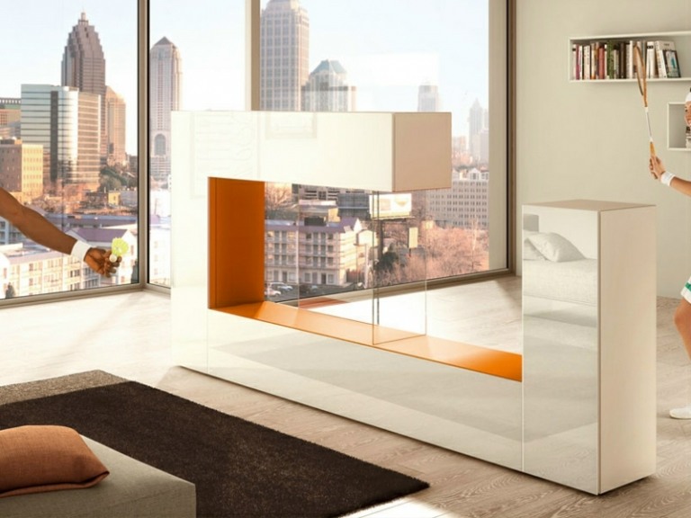 raumteiler aus holz air side modern design weiss hochglanz orange glas vitrine
