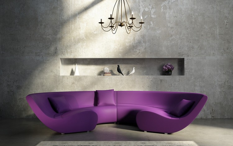runde-sofas-modern-lila-purpur-wandgestaltung-beton-optik