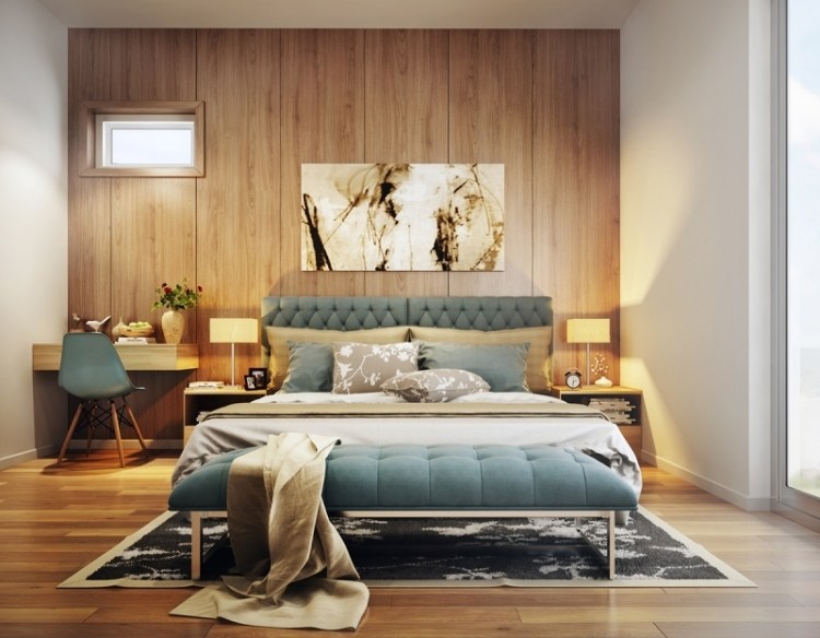 schlafzimmer-einrichten-inspirationen-beige-hellblau-bild-wand-wandverkleidung-holzpaneele