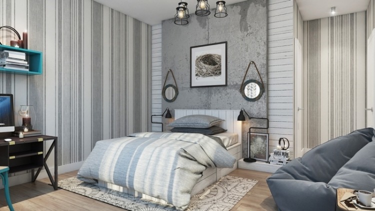 schlafzimmer-einrichten-inspirationen-beton-tapete-grau-indutrial-style-deko