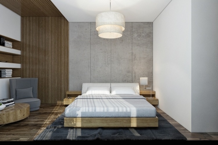 schlafzimmer-einrichten-inspirationen-betonwand-bett-kopfteil-grau-wandvekleidung-holzlamellen