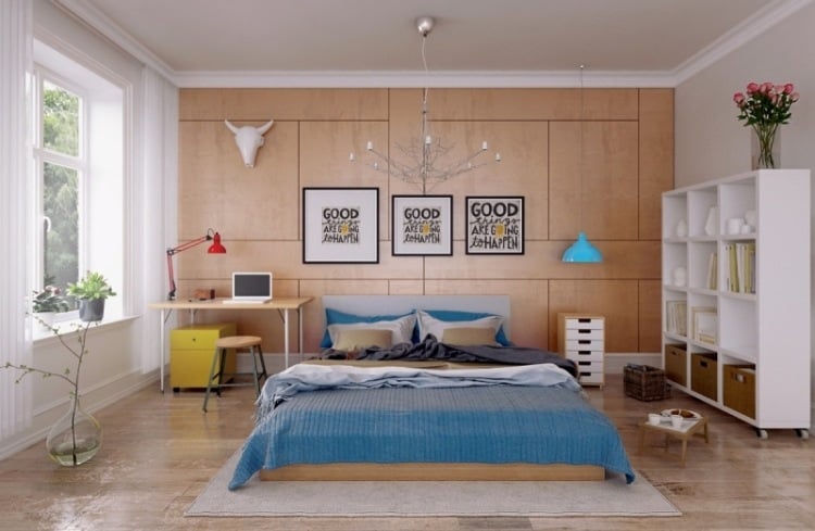 schlafzimmer-einrichten-inspirationen-bett-wandverkleidung-holz-hell-bettdecke-tuerkis-farbig