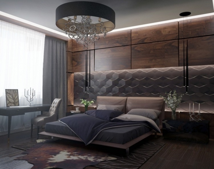 schlafzimmer-einrichten-inspirationen-elegant-bett-wand-paneele-holzoptik-fellteppich