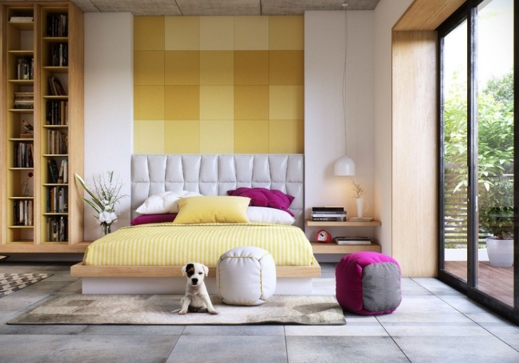 schlafzimmer-einrichten-inspirationen-farbig-suess-hund-modern-weiss-gelb-terrassentueren