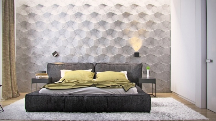 schlafzimmer-einrichten-inspirationen-grau-bett-wand-relief-geometrische-figuren-nachtlampen