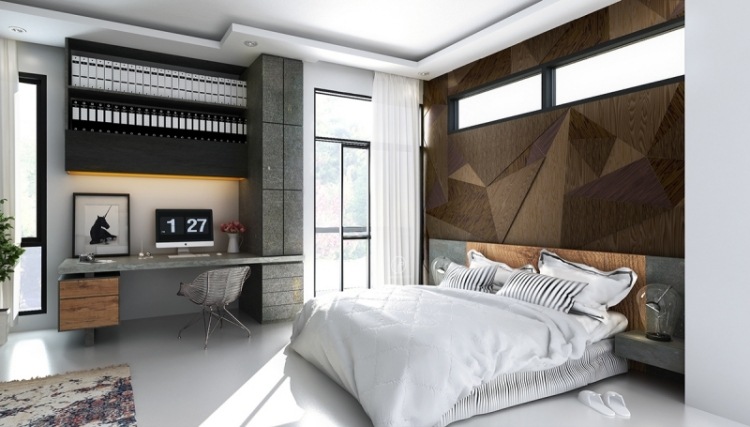schlafzimmer-einrichten-inspirationen-hell-modern-wand-braun-dreiecke-terrassentueren