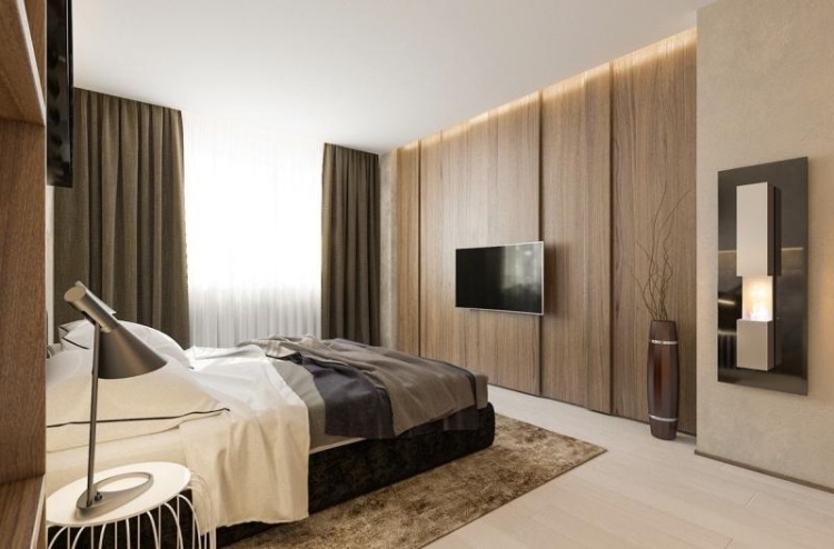 schlafzimmer-einrichten-inspirationen-holz-braun-wandverkleidung-indirkte-beeuchtung-dekorativer-kami