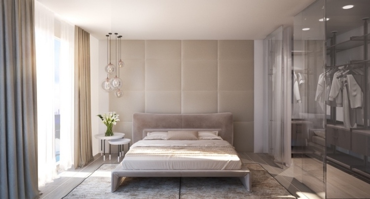 schlafzimmer-einrichten-inspirationen-modern-ankleidezimmer-glaswand-beleuchtung-polsterwand-beige