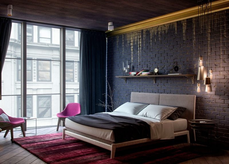 schlafzimmer-einrichten-inspirationen-modern-backsteinwand-schwarz-gold-farbe-akzente