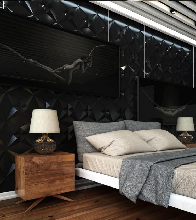 schlafzimmer-einrichten-inspirationen-schwarz-wand-relief-nachttisch-holz-parkettboden