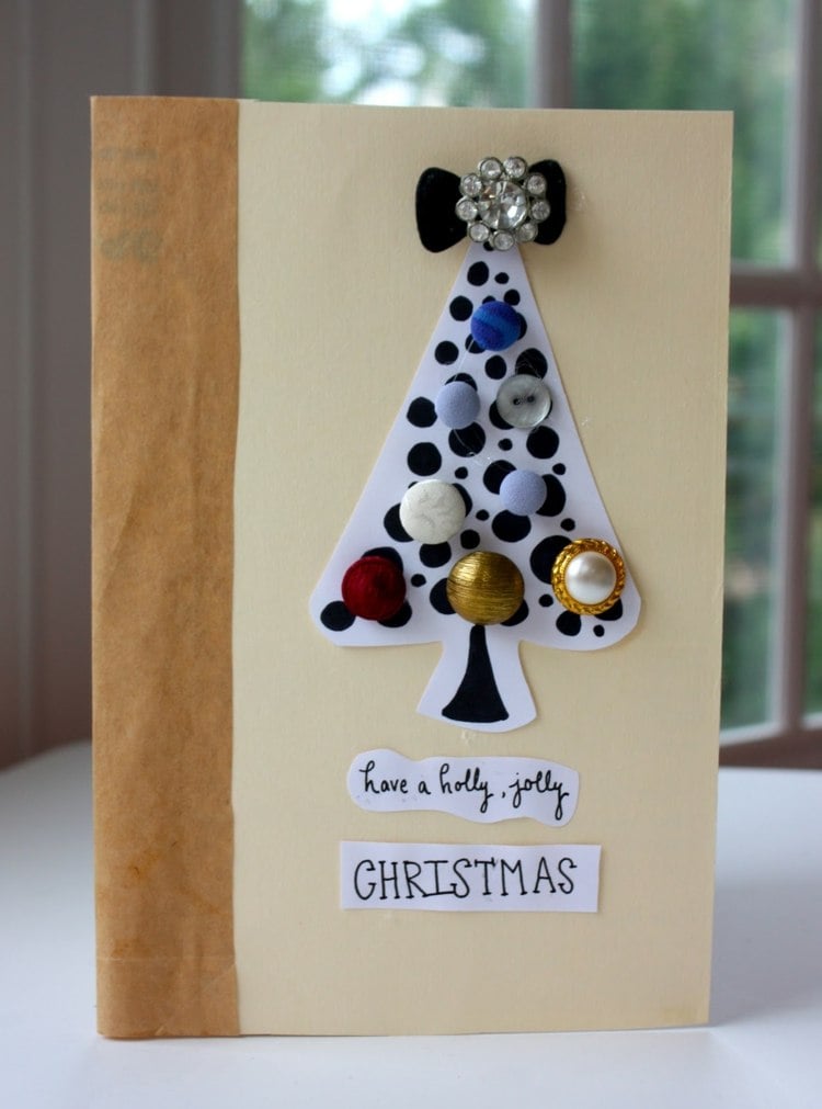 selber basteln weihnachtskarten elegant knoepfe gold textil christbaum schwarz weiss