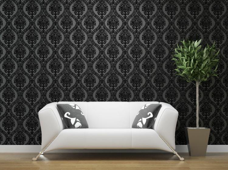 tapete schwarz pflanze baeumchen deko weiss sofa dekokissen