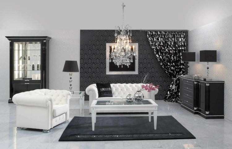 tapete schwarz weiss kombination wohnzimmer vintage polster hochglanz kommode