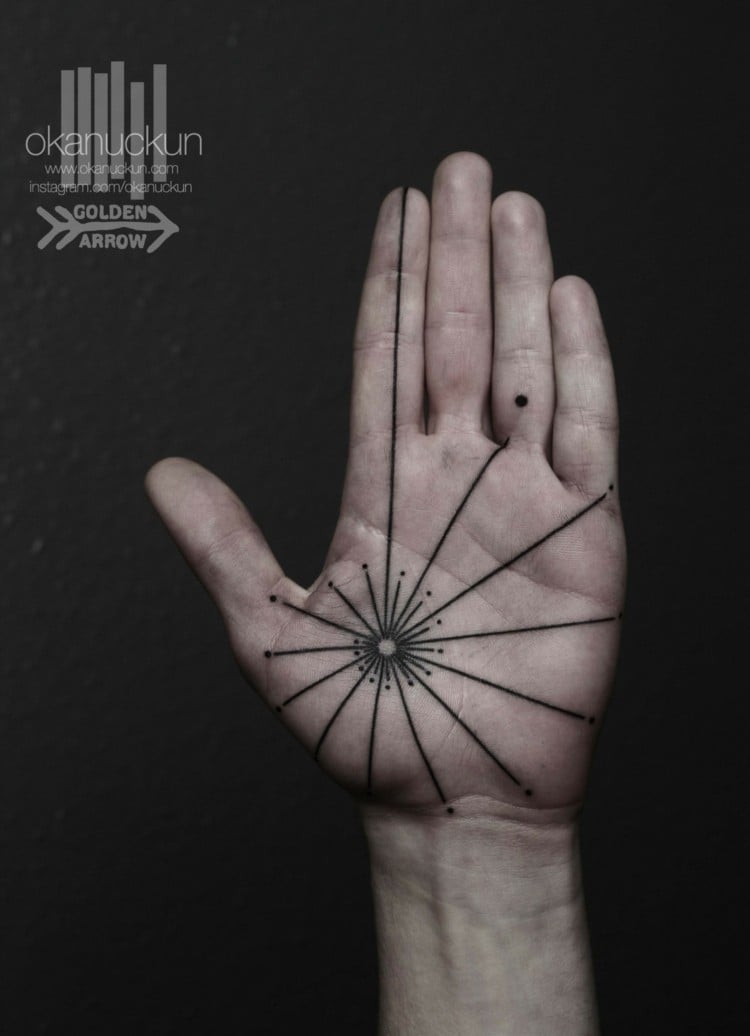 tattoos surrealem design sonne handflaeche linien idee
