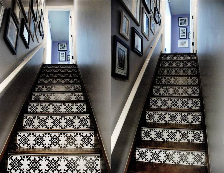 treppenhaus-renovieren-ideen-treppen-stufen-dekorieren-schwarz-weiss-muster-ornamente