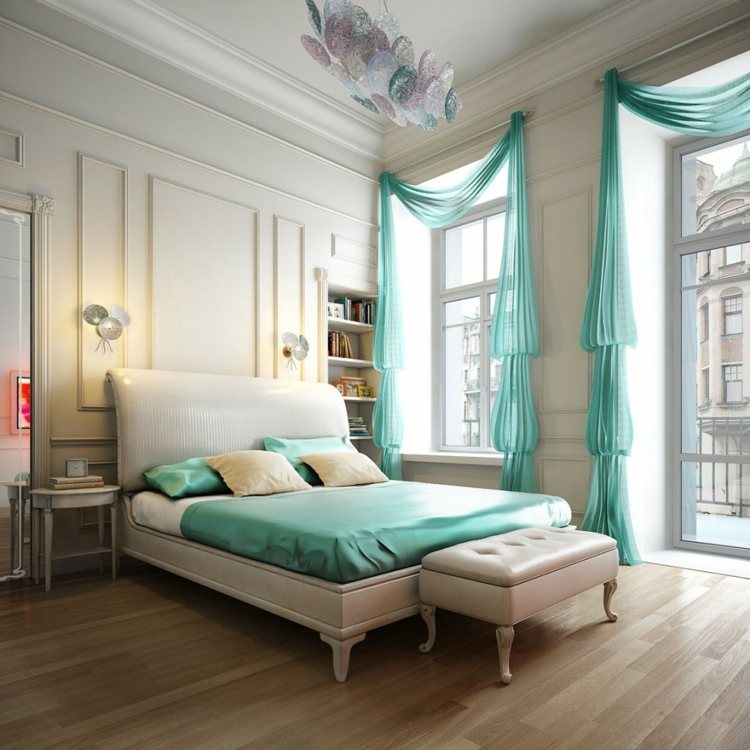 vorhaenge tuerkise romantisch design schlafzimmer bettwaesche weiss laminat