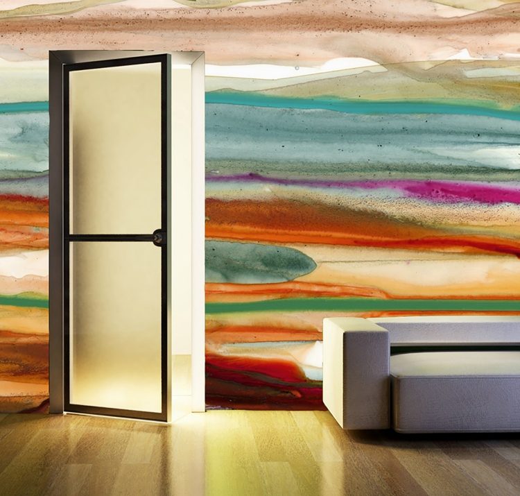 wandbemalung-ideen-design-wasserfarbe-aquarell-effekt-farben-warm-beleuchtung-sofa-parkettboden