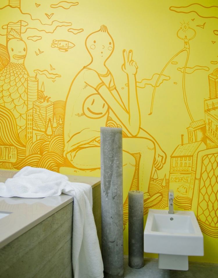 wandbemalung-ideen-gelb-badezimmer-wandmalerei-zeichnung-modern-beton