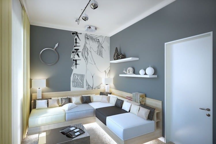 wandbemalung-ideen-schwarz-weiss-wohnzimmer-klein-wandfarbe--grau-sitzmoebel
