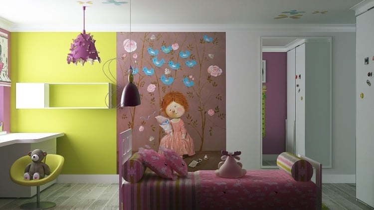 wandbemalung-kinderzimmer-ideen-design-maedchenzimmer-rosa-gelb-maerchenhaft