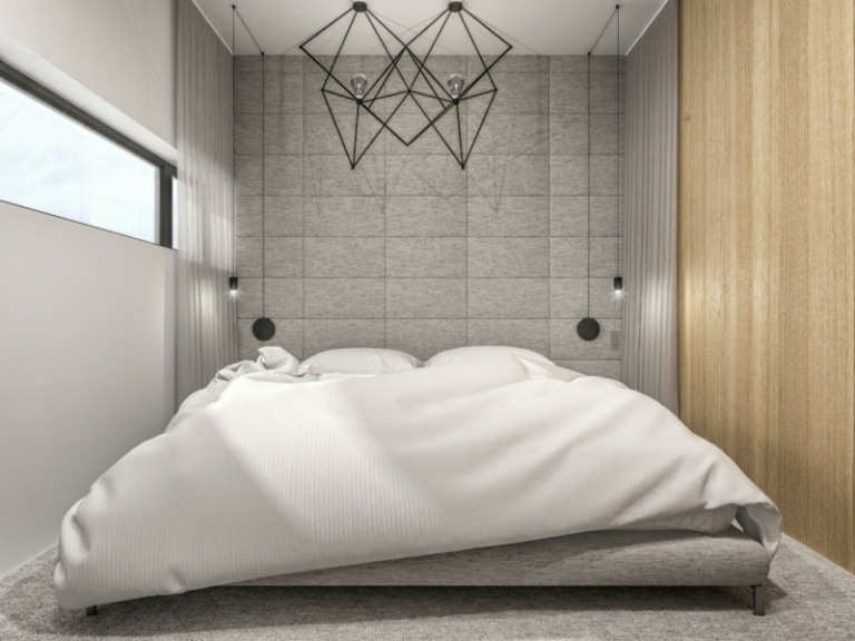 wandgestaltung patchwork schlafzimmer grau polster wand idee abstrakt lampe
