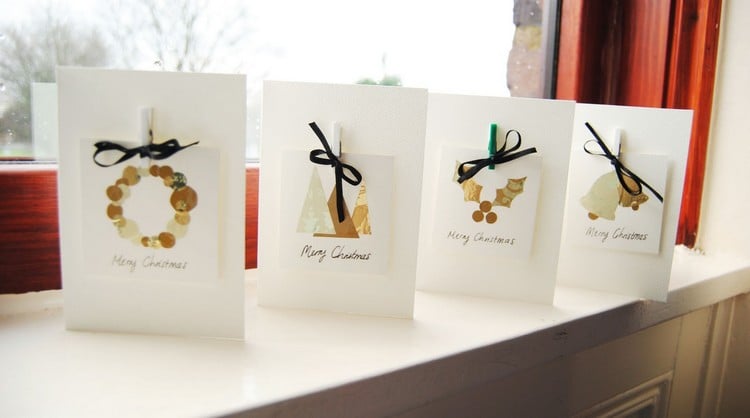 weihnachtskarten-basteln-verschiedene-motive-goldene-folie-mini-holz-waescheklammer