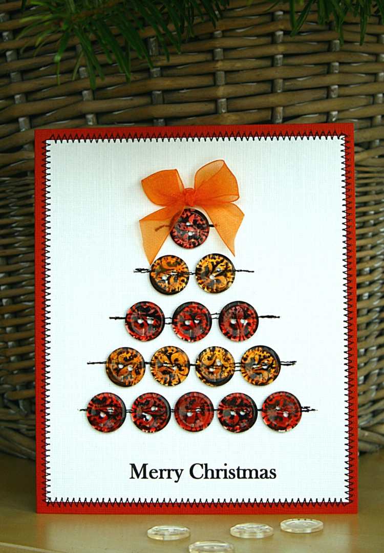 weihnachtskarten selber basteln tannenbaum idee originelle rot orange knoepfe muster