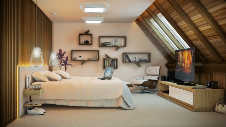 wohnideen kleine raeume dachschraege schlafzimmer lowboard indirekte beleuchtung