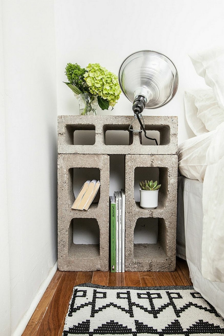 wohnideen kreative beton nachttisch regal blumen sukkulente bettvorleger