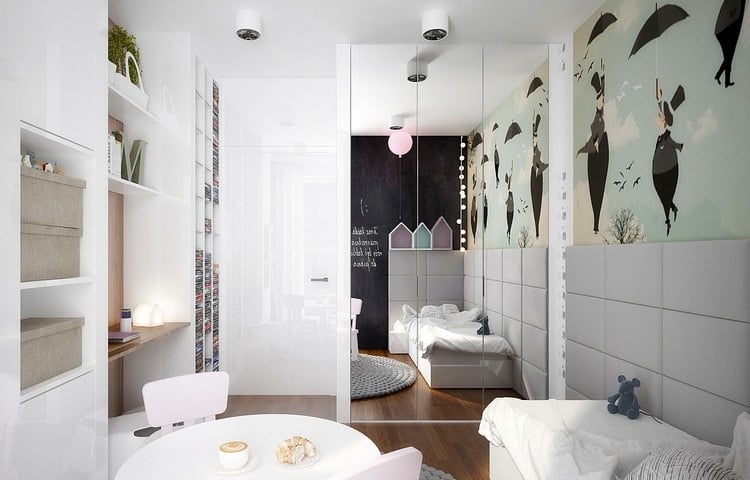 Wohnungseinrichtung Ideen kinderzimmer-einbauschrank-spiegeltueren-einzelbett-polsterwand