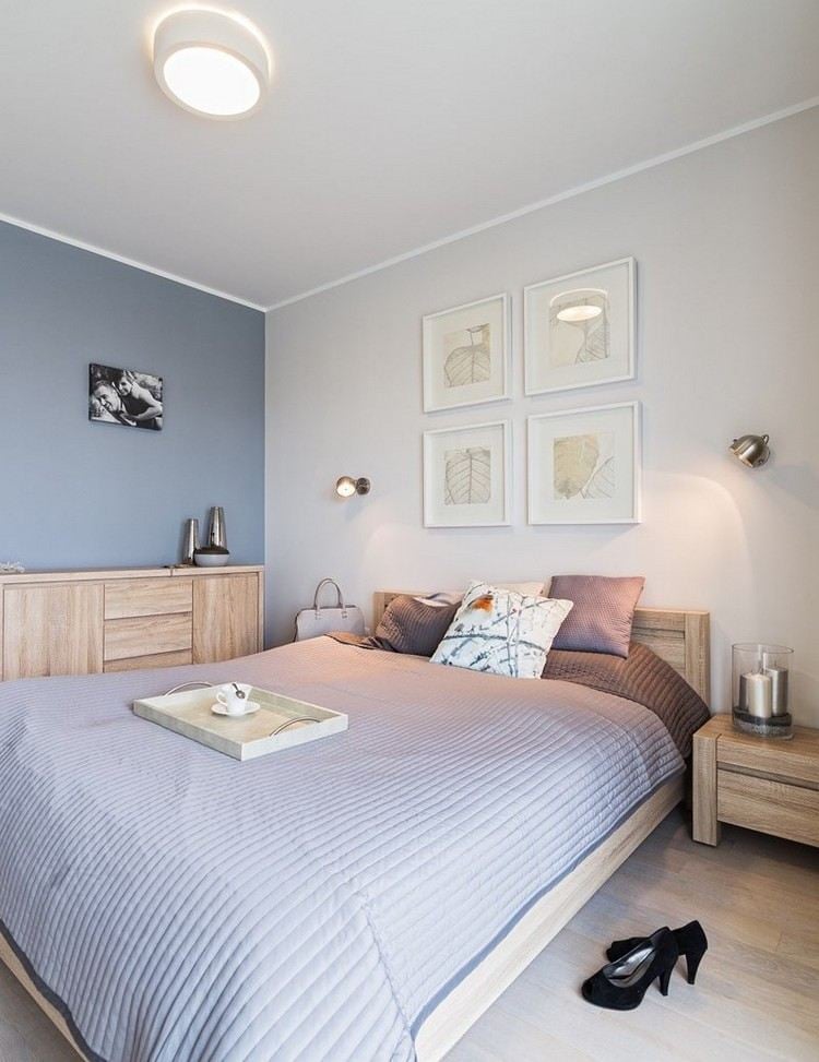 wohnungseinrichtung-ideen-schlafzimmer-blaugraue-wandfarbe-holzmoebel