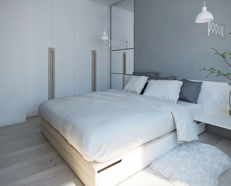 wohnungseinrichtung-ideen-schlafzimmer-graue-akzentwand-schubladenbett-einbauschrank