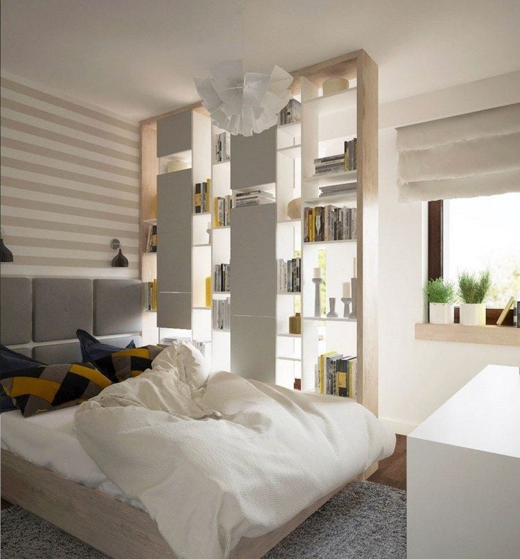 Wohnungseinrichtung Ideen schlafzimmer-regalwand-stauraum-horizontale-streifen-wand