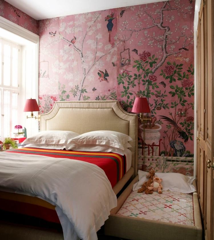 wohnungseinrichtung ideen schlafzimmer tapete japanisch stil rosa bett creme