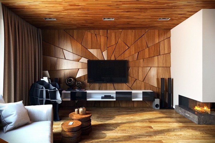 Wohnzimmer Wandgestaltung beispiele-3d-holz-asymmetrisch-wand-fernseher