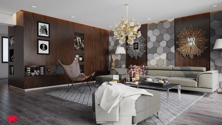 Wohnzimmer Wandgestaltung beispiele-hexagonale-wandfliesen-grautoene-indirekte-led-deckenbeleuchtung