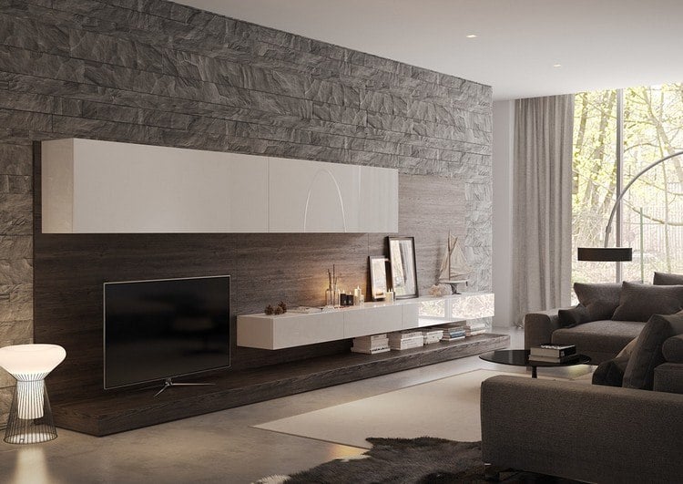 Wohnzimmer Wandgestaltung beispiele-steinwand-grau-textur-hinter-wohnwand