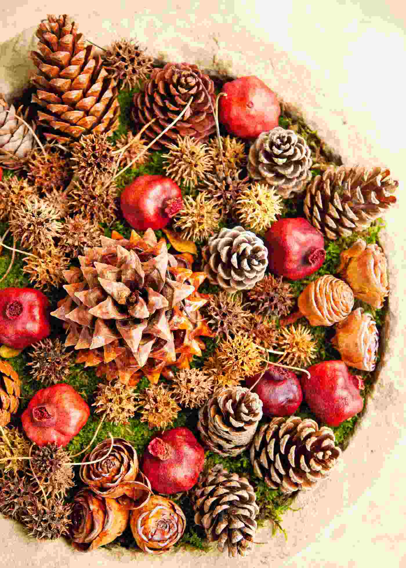 Weihnachtsgestecke für draußen Ideen mit Tannenzapfen und Kiefernzapfen und hagebutte und Amberbaum Zapfen und Moos in einem Pflanztopf