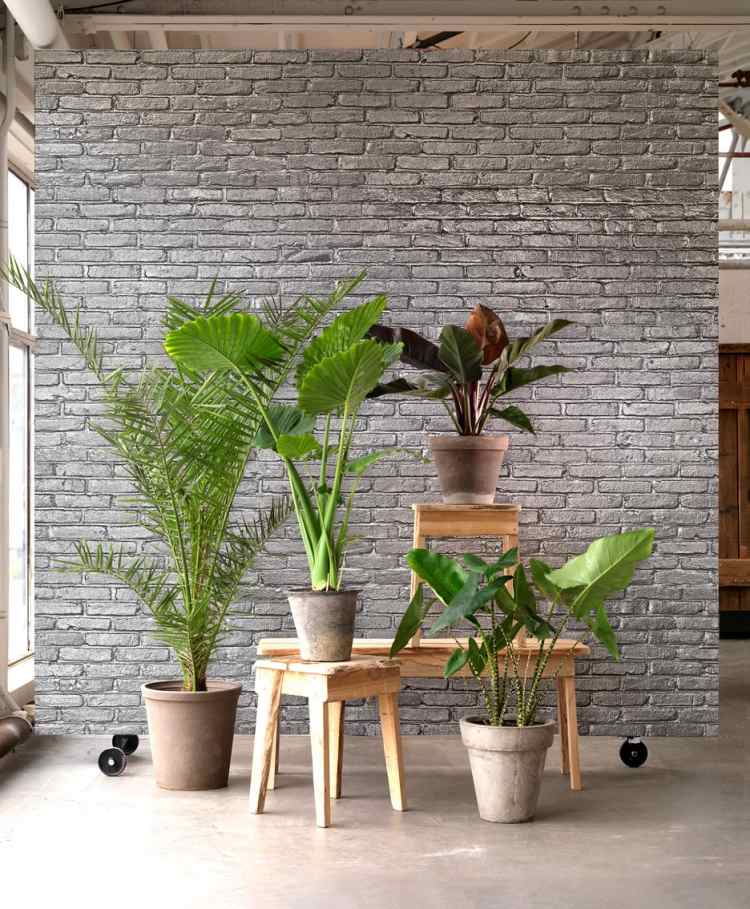backstein-tapete-wandgestaltung-silber-grau-wanddeko-pflanzen-frisch-gruen