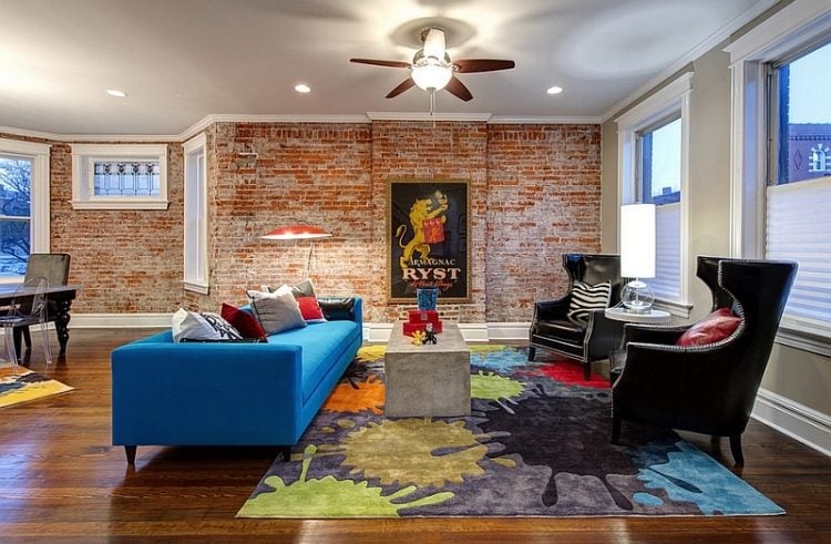 Backstein Tapete -wandgestaltung-wohnzimmer-farbe-moebel-teppich-unt-extravagant