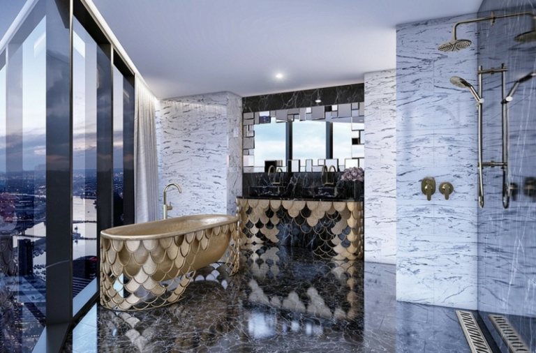 badewanne luxus art deco gold design marmor fussboden hellgrau wand