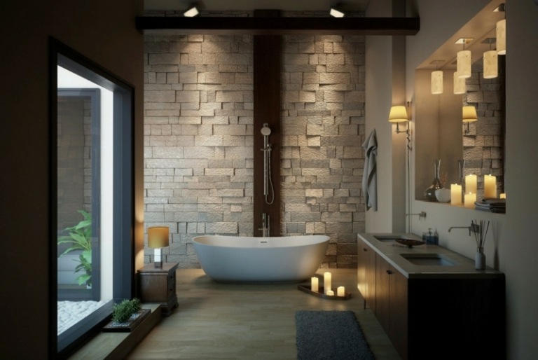 badewanne luxus dusche stein wand spa stil kerzen romantik
