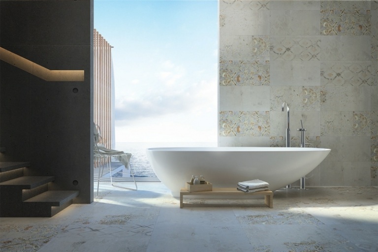 badewanne luxus idee weiss design fliesen steinoptik fussboden