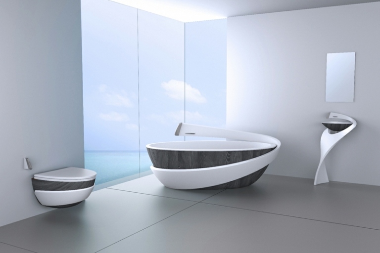 badewanne luxus modern attraktiv form grau holz weiss toilette waschbecken