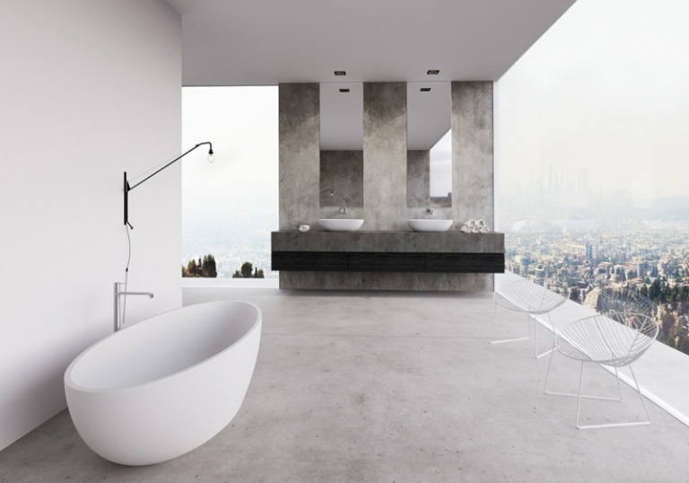 badewanne luxus schraeg oval dusche schwarz metall beton akzentwand waschkonsole
