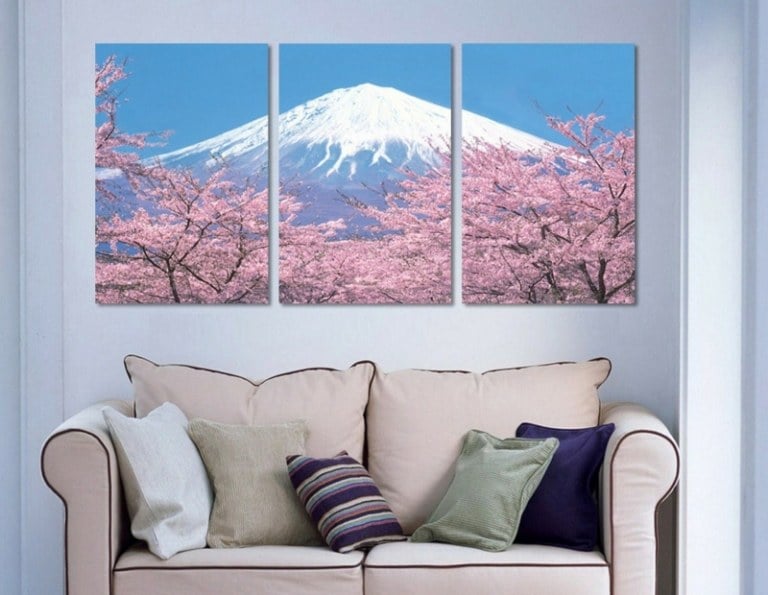 deko japanische foto wandbild gipfel schnee kirschbaeume sofa
